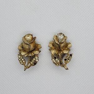 Vintage Rose Clip on Earrings- Brass and Rhinestone